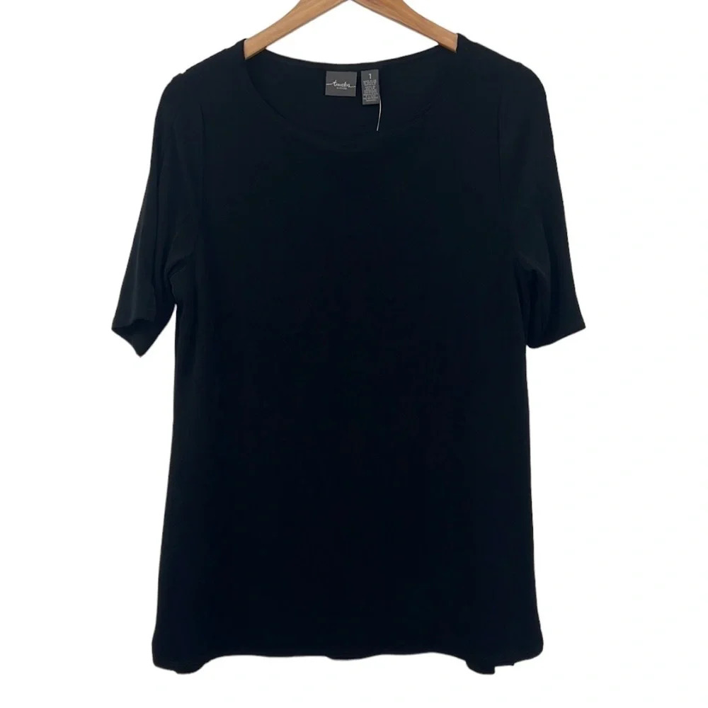 Travelers By Chicos Blouse Womens 1‎ Medium Black Classic Detail Elbow Sleeve